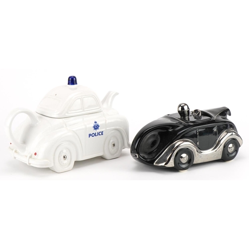 606 - Two novelty porcelain teapots including one in the form of a racing teapot inscribed J Samuel McKevi... 