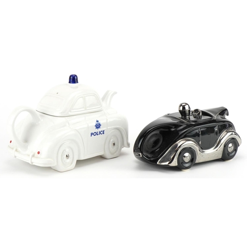 606 - Two novelty porcelain teapots including one in the form of a racing teapot inscribed J Samuel McKevi... 