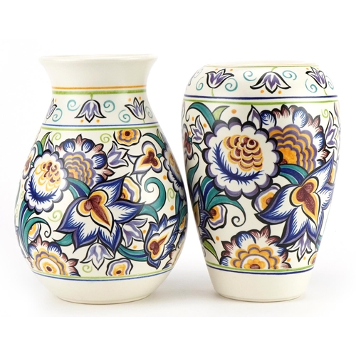 227 - Karen Brown for Poole Pottery, two Mid century studio vases hand painted with stylised flowers in th... 