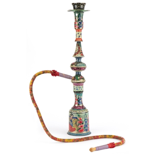 2441 - Persian white metal shisha pipe hand painted with figures and flowers, 61cm high