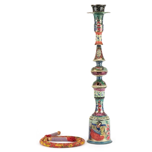 2441 - Persian white metal shisha pipe hand painted with figures and flowers, 61cm high