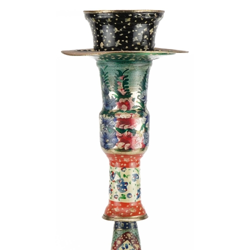 2441 - Persian white metal shisha pipe hand painted with figures and flowers, 61cm high