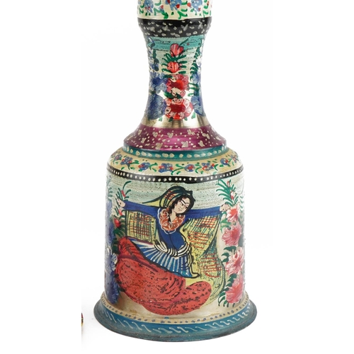 2441 - Persian white metal shisha pipe hand painted with figures and flowers, 61cm high