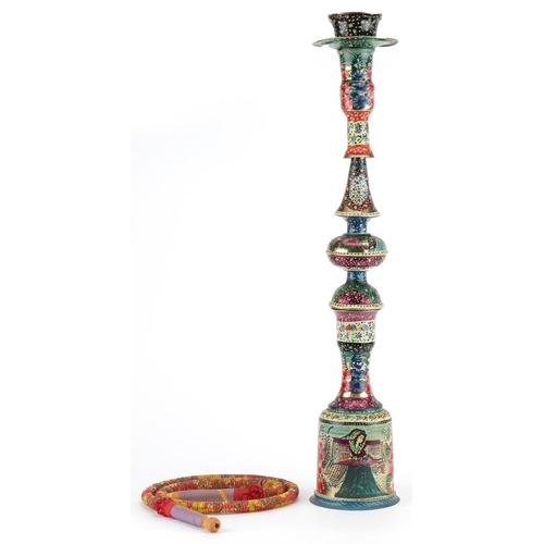 2441 - Persian white metal shisha pipe hand painted with figures and flowers, 61cm high