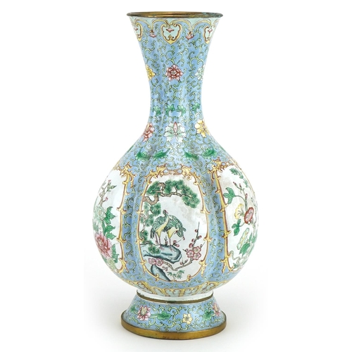 653 - Chinese Canton enamel vase hand painted with panels of birds of paradise and flowers, 35.5cm high