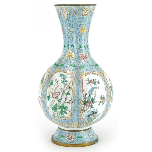 653 - Chinese Canton enamel vase hand painted with panels of birds of paradise and flowers, 35.5cm high