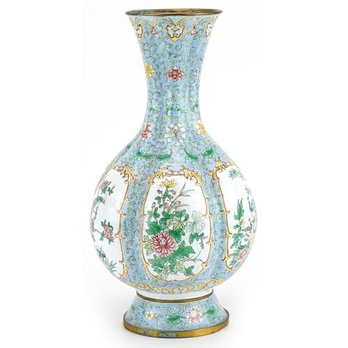 653 - Chinese Canton enamel vase hand painted with panels of birds of paradise and flowers, 35.5cm high