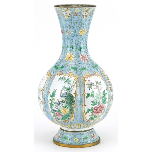 653 - Chinese Canton enamel vase hand painted with panels of birds of paradise and flowers, 35.5cm high