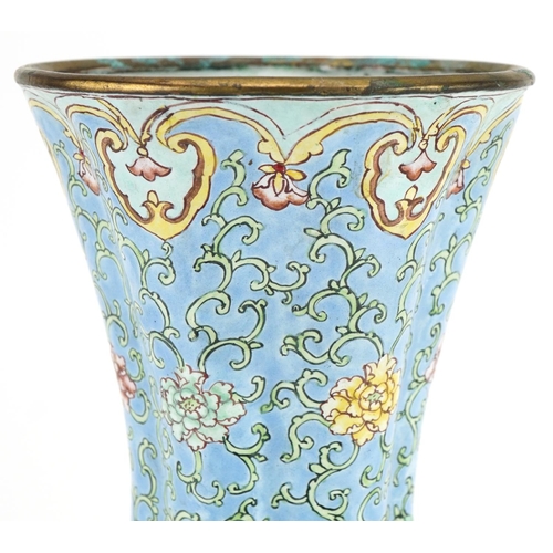 653 - Chinese Canton enamel vase hand painted with panels of birds of paradise and flowers, 35.5cm high