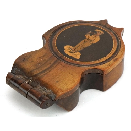 708 - Italian Sorento ware olive wood folding pocket watch stand inlaid with a man holding a pipe, 10.5cm ... 