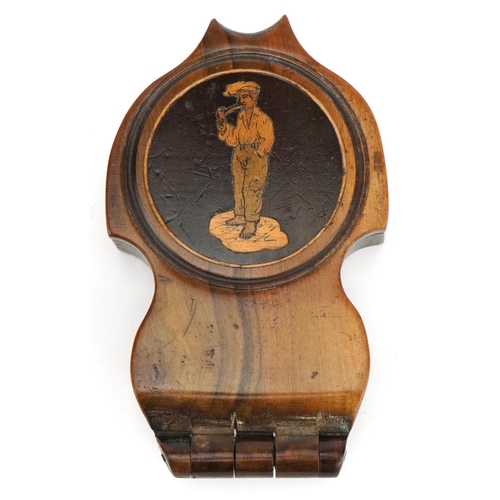 708 - Italian Sorento ware olive wood folding pocket watch stand inlaid with a man holding a pipe, 10.5cm ... 