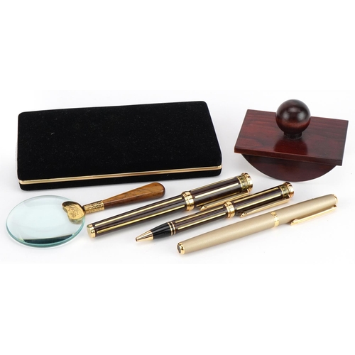 2507 - Pens and writing accessories including hardwood blotter, Buckingham Palace limited edition enamelled... 