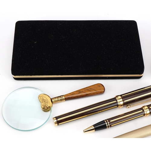 2507 - Pens and writing accessories including hardwood blotter, Buckingham Palace limited edition enamelled... 