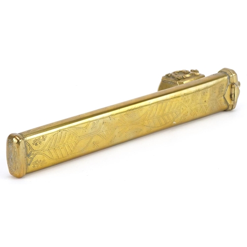 284 - Islamic brass divit pen box engraved with flowers, 21.5cm in length