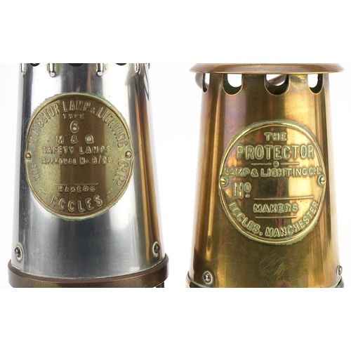 2519 - Two vintage Eccles miner's lamps, each with brass plaques, the largest 25.5cm high