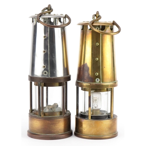 2519 - Two vintage Eccles miner's lamps, each with brass plaques, the largest 25.5cm high