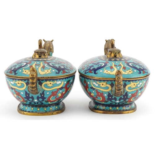 26 - Pair of Chinese cloisonne censers and covers in the form of dragons with tortoise finials, each fine... 