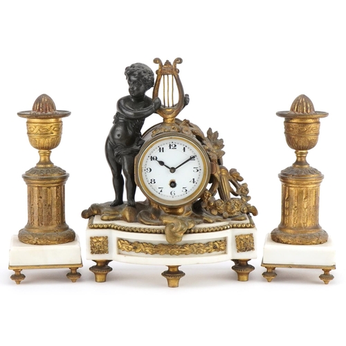 19th century French ormolu and white marble mantle clock with garniture candlesticks, the mantle clock with circular enamelled dial having Arabic numerals surmounted with Putti beside a lyre, the clock 18.5cm high