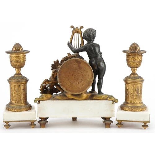 2 - 19th century French ormolu and white marble mantle clock with garniture candlesticks, the mantle clo... 