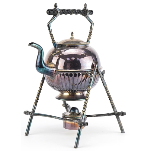 2477 - Victorian aesthetic silver plated kettle with ebonised handle on stand with burner, 35cm high