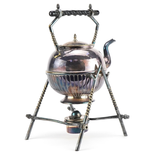 2477 - Victorian aesthetic silver plated kettle with ebonised handle on stand with burner, 35cm high