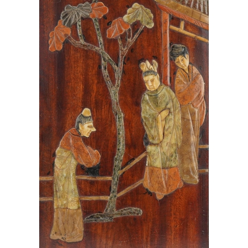 146 - Chinese hardwood panel with soapstone inlay decorated with three figures in a palace setting, 46cm x... 