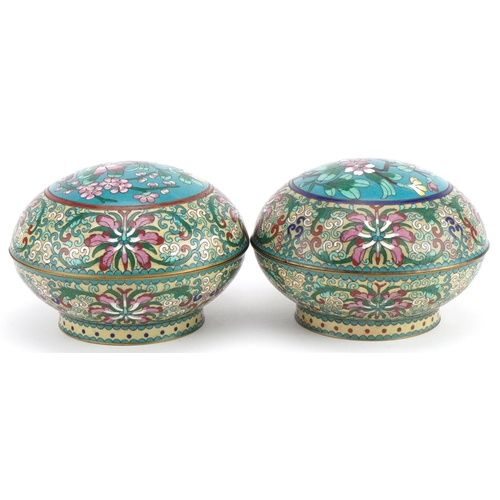 28 - Matched pair of Chinese cloisonne bun boxes and covers finely enamelled with flowers, each 15cm in d... 