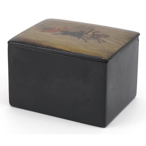 185 - 19th century Russian black lacquered box with hinged lid hand painted with a troika, 7cm H x 10cm W ... 