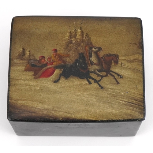 185 - 19th century Russian black lacquered box with hinged lid hand painted with a troika, 7cm H x 10cm W ... 