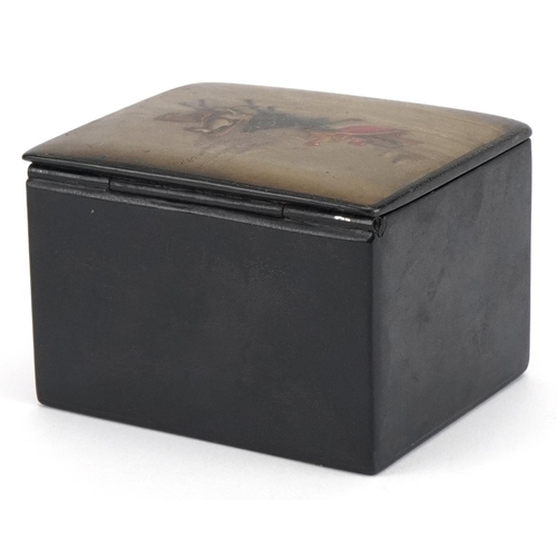 185 - 19th century Russian black lacquered box with hinged lid hand painted with a troika, 7cm H x 10cm W ... 