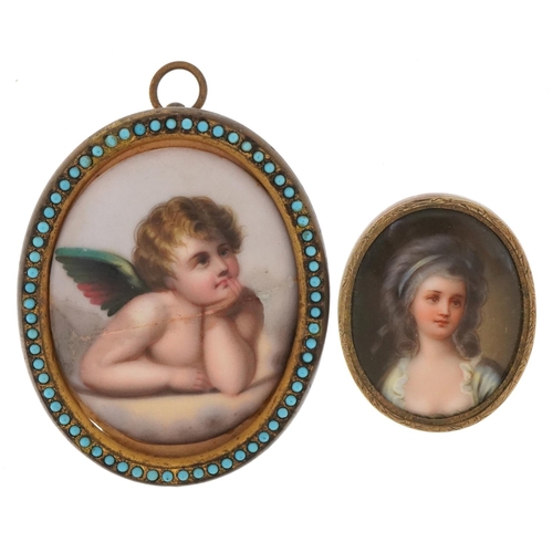 220 - Two 19th century European oval porcelain plaques comprising one housed in an engraved brooch mount h... 