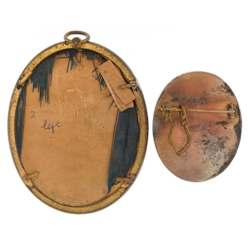 220 - Two 19th century European oval porcelain plaques comprising one housed in an engraved brooch mount h... 