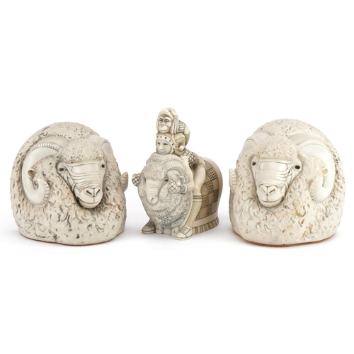 2473 - Pair of mid century style stylised ram's head design bookends and a similar figure group, the larges... 