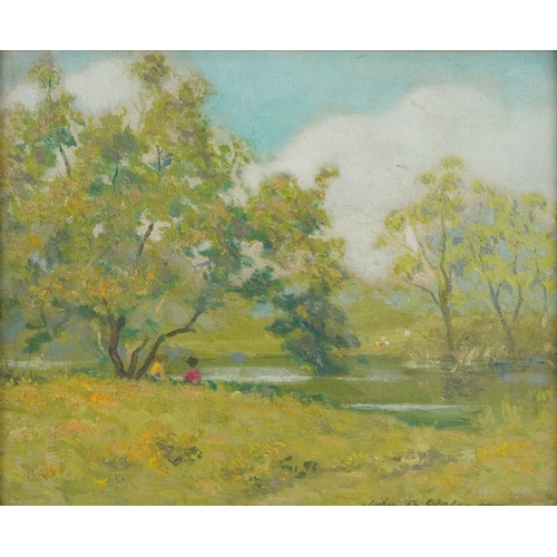 535 - Wolcott - Figures beside water, Impressionist oil on board, The Rowley Gallery label verso, mounted ... 