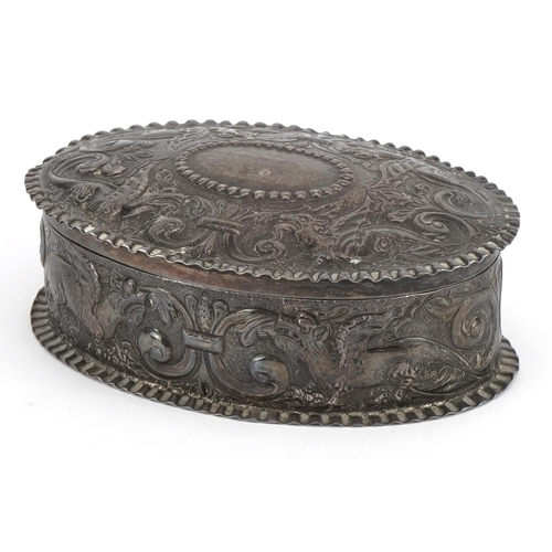 WITHDRAWN George III oval silver box with hinged lid profusely embossed with dragons and floral motifs, incomplete hallmarks, 4cm H x 11cm W x 8cm D, 141.2g