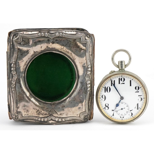 560 - Gentlemen's white metal Goliath pocket watch with enamelled dial housed in a silver mounted and leat... 