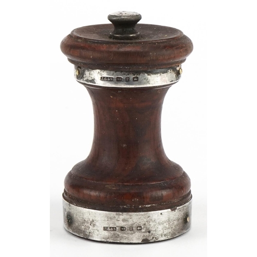 184 - John Grinsell & Sons, Victorian silver mounted oak peppermill, Birmingham 1898, 8.5cm high, 127.5g