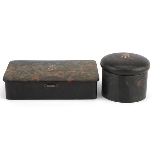 584 - Early 20th century pique work tortoiseshell sectional box and cylindrical box and cover, each with i... 