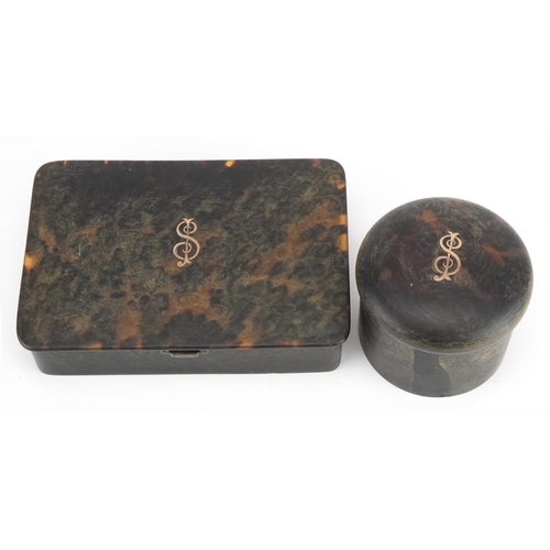 584 - Early 20th century pique work tortoiseshell sectional box and cylindrical box and cover, each with i... 