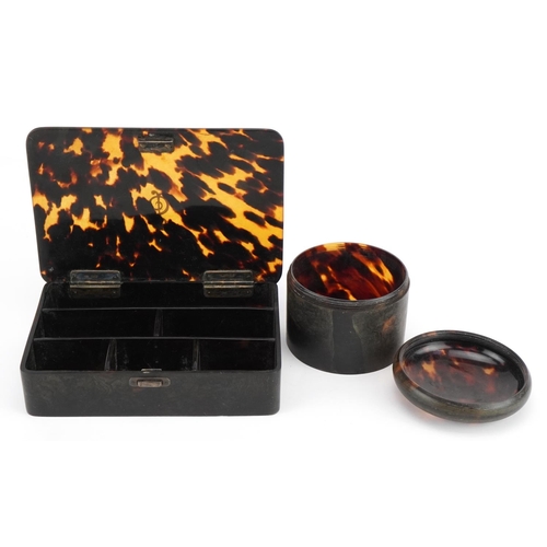 584 - Early 20th century pique work tortoiseshell sectional box and cylindrical box and cover, each with i... 