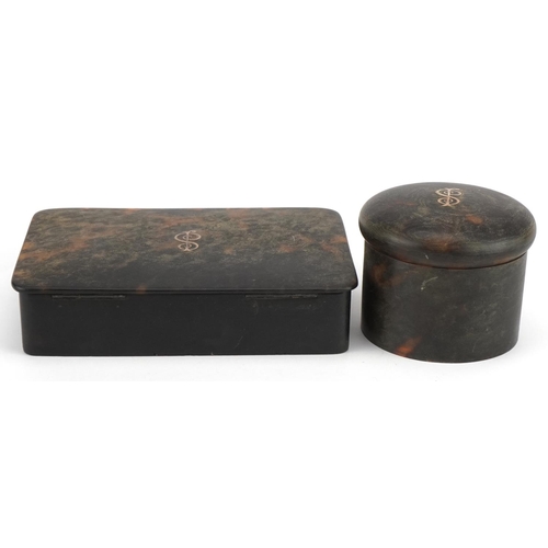 584 - Early 20th century pique work tortoiseshell sectional box and cylindrical box and cover, each with i... 