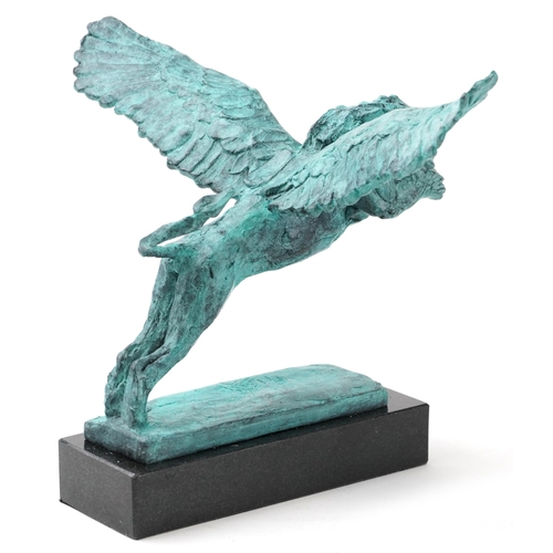 545 - Mark Coreth for McArthur Glen Group, Verdigris bronze statue of a winged lion raised on a slate base... 