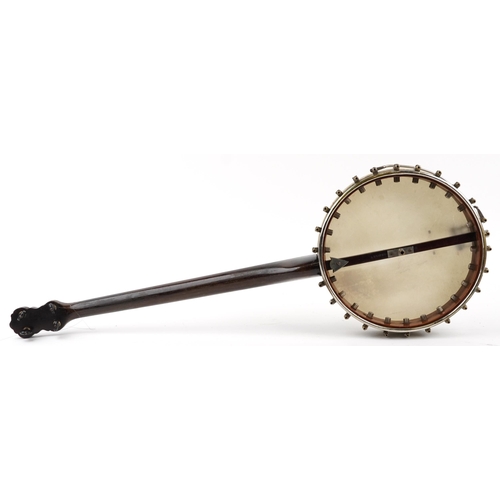 1008 - Victorian rosewood and ebony four string banjo with leather case impressed A Weaver, 91cm in length