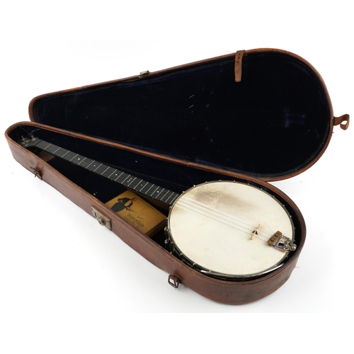 1008 - Victorian rosewood and ebony four string banjo with leather case impressed A Weaver, 91cm in length