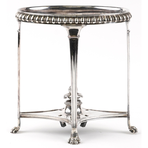 2454 - Victorian silver plated teapot stand with acorn finial, on paw feet, 27.5cm high