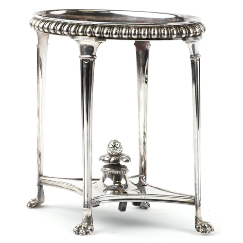 2454 - Victorian silver plated teapot stand with acorn finial, on paw feet, 27.5cm high