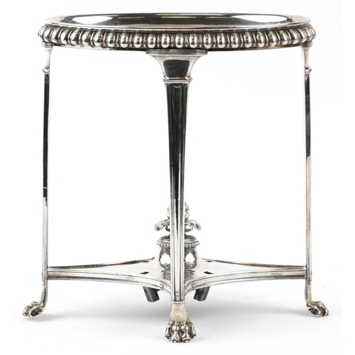 2454 - Victorian silver plated teapot stand with acorn finial, on paw feet, 27.5cm high