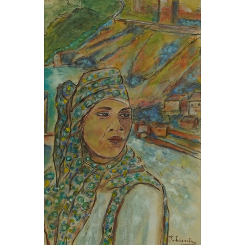 2349 - Top half portrait before a continental village, Spanish school watercolour, mounted, framed and glaz... 