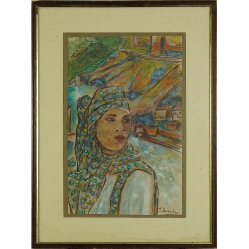 2349 - Top half portrait before a continental village, Spanish school watercolour, mounted, framed and glaz... 