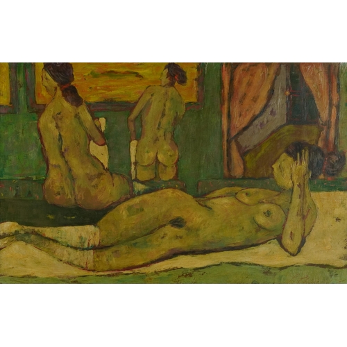 2524 - Boudoir interior with nude females dressing, Impressionist oil on board, mounted and framed, 69.5cm ... 